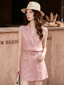 Pink Linen Sleeveless Luxury Aesthetic French Waist Accentuating Dress