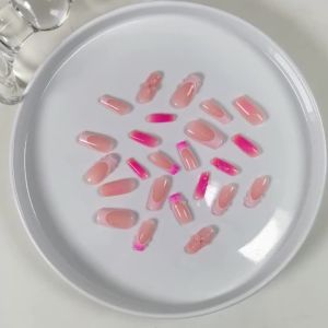 24pcs Y2K Pink Blossom Press On Nails with Jelly Glue White Edge French Fake Nails European Wearable Long Coffin False Nails Tip