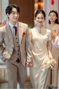 Champagne Colored Wedding Dress New Chinese Style Bride-to-be Formal Wear Customizable Ceremony Dress Elegant Zipper Design