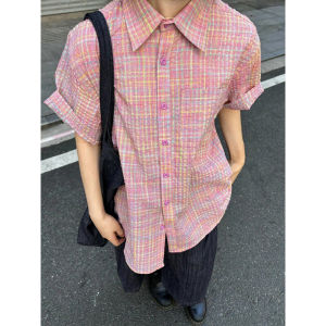 Gray Bubble Cloth Plaid Short Sleeve Mens Shirt Summer Unique Design High-End CleanFit Shirt Jacket Loose Fit Teenager Casual