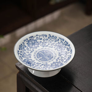 Blue And White Ceramic Plate High Footed Tray for Dry Fruits Living Room Chinese Tea Snacks Gongfu Tea Offering Tray Decoration