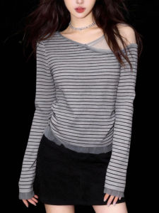 QINGNAER | High-End Large Size Attractive Long Sleeve Off-Shoulder Striped Blouse Womens Wear