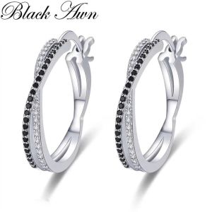 Black Awn Classic Silver Color Round Black Trendy Spinel Engagement Hoop Earrings for Women Jewelry Bijoux I209