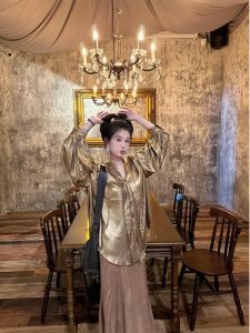 Champagne Colored Long Sleeve Shirt New Chinese Style Autumn New Arrival Small Audience Outerwear Casual Commute Loose Fit