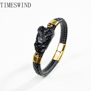 TIMESWIND Authentic A-type Jade Natural Black Zodiac Dragon Three-d Leather for Men Bracelet Gift Fashion Jewelry with Certificate