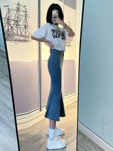 กระโปรงยีนส์ทรงหางปลาเอวสูง กระโปรงทรงเอเข้ารูป กระโปรงสั้นผ้าฝ้าย ทรงเข้ารูป ฤดูร้อน 2025 กระโปรงยีนส์ทรงเข้ารูปสำหรับผู้หญิง