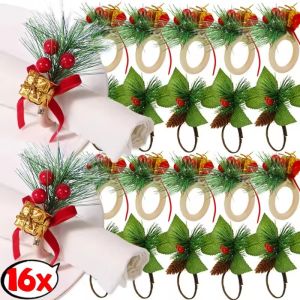 16x Christmas Napkin Clasp Pinecone Pine Needle Berry Gift Box Xmas Napkin Holder Rings Dinner Parties Dining Table Decoration