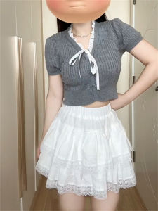 Váy Ngắn Xếp Ly Ren Trắng Cạp Cao Phong Cách Công Chúa Mùa Thu Cho Nữ Váy Ngắn Chữ a Xếp Ly Ren Viền Dài Nửa Thân