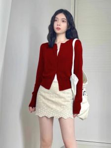 PEIXI | French Chic Red Round Neck Long Sleeve Knit Cardigan