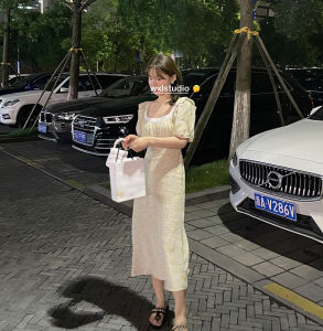 WXLSTUDIO  Gentle Series French Waist Cinched Floral Dress Bubble Sleeve Long Dress Womens Clothing Spring Summer Dress