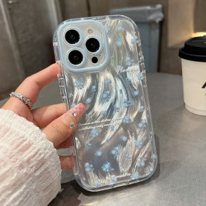 Blue Floral Soft Silicone Phone Case for iPhone 15 14 pro Max 13 12 Womens Bracelet Lanyard Lightweight Luxury Protection