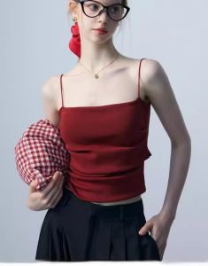 chaqi | Áo ba lỗ Ice Silk ôm vừa vặn màu trắng cho nữ mùa hè Áo lót bên trong và ngoài có đệm ngực xếp ly hở lưng