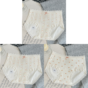 กางเกงชั้นในผ้าฝ้ายแท้เอวสูงสำหรับผู้หญิงไซส์ใหญ่ ขอบลูกไม้ เอวยางยืดสูง ทรงเข้ารูป ระบายอากาศได้ดี กางเกงชั้นในผู้หญิง