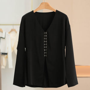 เสื้อเชิ้ตผ้าชีฟองคอวีเอวสูงทรงหลวมแขนยาวผ้าโพลีเอสเตอร์ผสมไนลอนสำหรับผู้หญิงวัย 25-29 ปี