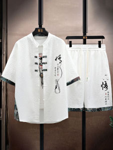 New Chinese Style Ice Silk Quick Dry Short Sleeve Shirt Set for Men Summer Fashion Print Two Piece Set Polyester Fiber 100%