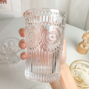 Nordic Style Sunflower Embossed Glass Cup Womens High Aesthetic Value Beverage Cup Vintage Design Home Use Popular Online