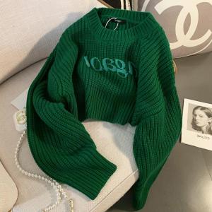 Green Knitted Sweater round Neck Short Loose Style Womens Autumn Winter Fashion Casual Comfortable Knitwear Top