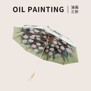 Double Layered UV Protection Umbrella Womens Green Flower Retro Print Sunshade Rainproof Umbrella Fashionable And Practical