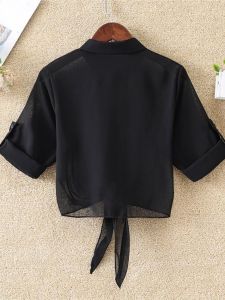 Summer 2025 Womens Chiffon Shawl Coat Short Thin Sun Protection Outerwear Cardigan Stylish Polo Collar Seven Sleeve Butterfly Knot