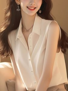 Stylish Lightweight Luxury White Collar Sleeveless Shirt Womens Summer Unique Super Beautiful Meat Covering Top Fashionable Commute