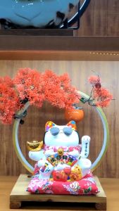 Mèo thần tài vẫy taymèo thần tài chiêu tài lộc kính dâm có vòng đèn led cây trang trí và đế gỗ