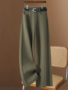 YIMING | Olive Green Wide Leg Slim Fit Straight Pants With Belt
