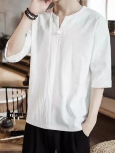 Mens Summer Thin Cotton Linen Short Sleeve T-Shirt Casual Loose V-Neck Comfortable Soft Versatile All-Season Solid Color Top