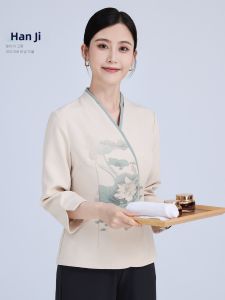 Elegant Chinese Style V-Neck Lotus Print Work Uniform Set