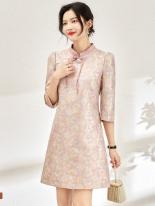 New Chinese Style Floral Embroidery Heavy Work Silk Dress Womens Autumn New Arrival High Waist A-Line Qipao Dress