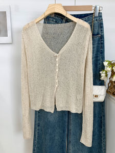 เสื้อคาร์ดิแกนถักแบบเปิดไหล่บางเฉียบสำหรับผู้หญิงในฤดูใบไม้ผลิ 2025 แขนยาว คอวี ป้องกันแสงแดด ทรงสลิมฟิต ผ้าโพลีเอสเตอร์