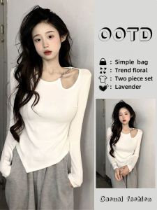 Unique Asymmetric Hollow out Shoulder Long Sleeve T Shirt Women Stylish Base Layer Top Early Spring New Design Spicy Girl