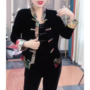 Early Spring 2026 National Trend Velvet Set with Button Placket Splicing Print Slimming Pants Two-Piece Womens Fashion Ensemble
