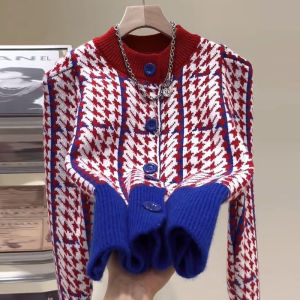 Classic Style Houndstooth round Neck Contrast Color Knitted Sweater