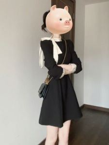 CHANGTONG | Hebe Style Simple Elegant Black Dress French Atmosphere Beautiful Korean Feeling A-Line Skirt Long Sleeve Round Neck Dress