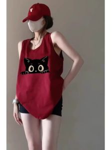 Pure Cotton Sleeveless Tank Top Womens Summer Design Basketball Outfit Hanging Neck Shirt 3D Print Asymmetric Loose Fit