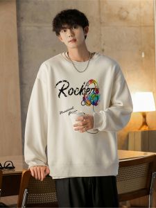 Pure Cotton Hoodie Mens Spring Autumn Heavyweight Stylish round Neck Fleece Lined Casual Trendy Base Shirt Couple Outfit