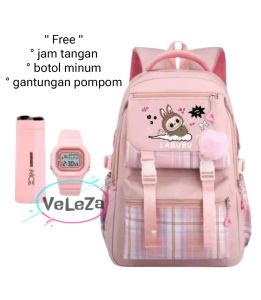 Tas ransel anak perempuan Labubu tas sekolah anak SD SMP gratis botol minum jam tangan gantungan pompom tas sekolah ransel