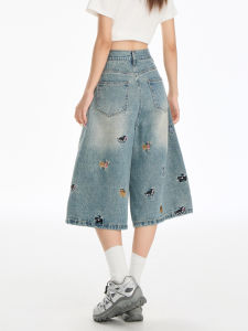 QIAOMIDUO | Embroidered Dog Design Sixteen Seven Womens Jeans High Waist Wide Leg Cotton Polyester Blend Summer Casual Shorts