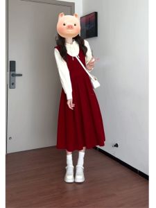 French Style Red Christmas Dress Womens Autumn Winter College Style Dress Set Princess Skirt A-Line Long Dress with Belt