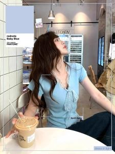SHUQINGLAI | Áo Thun Knit Cổ V Có Dây Buộc Eo