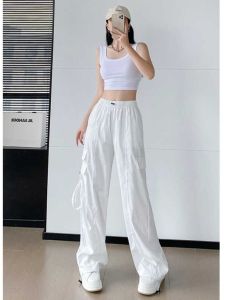 White High Waist Wide Leg Pants Womens Summer Thin American Street Sports Trousers Casual Long Pants Pocket Element