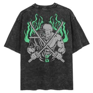 Bandai | Men Casual Washed Harajuku T-shirt Washed Japanese Anime One Piece Graphic Loose Streetwear Black Tops Tees