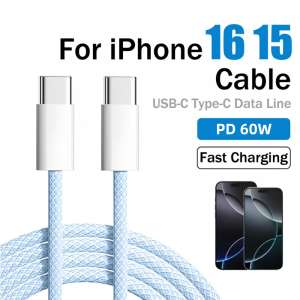PD 60W USB-C to USB C Fast Charger Cable For iPhone 16 15 iPad Xiaomi Samsung Huawei Honor Type C Weaving Data Cable 1M/1.5M/2M