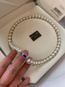 สร้อยคอจี้มุกเงินแท้สีฟ้าสำหรับผู้หญิง เครื่องประดับแฟชั่นฤดูใบไม้ร่วง/ฤดูหนาว เครื่องประดับพร้อมกระดุมทองคำสำหรับผู้หญิง