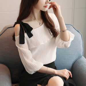 Womens Summer New Style Sleeveless Shirt Lantern Sleeve Chiffon Top Shoulder Bared T-Shirt Retro Commute Loose Fit Pure Color
