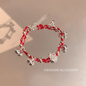 สร้อยข้อมือลูกปัดดอกบัวสีแดงทำมือ สร้อยข้อมือลูกปัดหัวใจสุดน่ารัก สร้อยข้อมือแฟชั่นสำหรับเด็กผู้หญิง สร้อยข้อมือสไตล์จีน