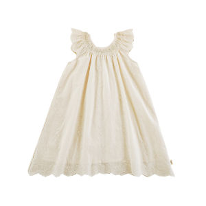 Sweet Cute Pure Color Embroidery Dress A-Line Skirt for Girls Summer Casual Cotton Blend Fabric Wave Edge Design Childrens Clothing