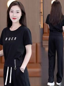 Fashionable Casual Sportswear Set Women Summer 2024 New Stylish Short Top Wide Leg Pants Slimming Two Piece Set Polyester Fiber