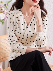 Slimming French V-Neck Polka Dot Shirt