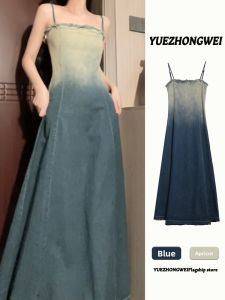 YUEZHONGWEI | French Elegance Gradient Denim A-Line Dress Sleeveless Waist-Cinching